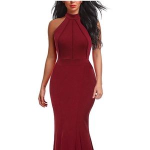 Maroon Full Length Dress Halter A Line